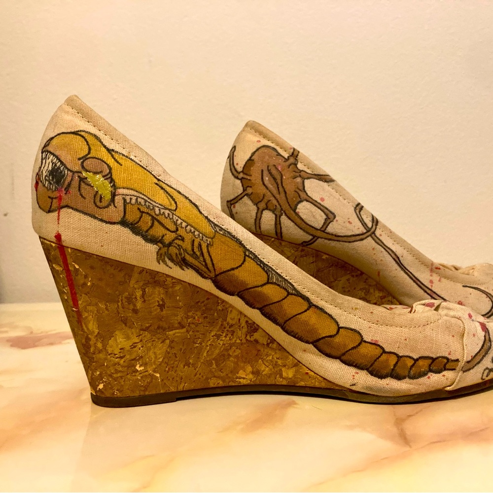 Handpainted canvas wedge sandals- Aliens